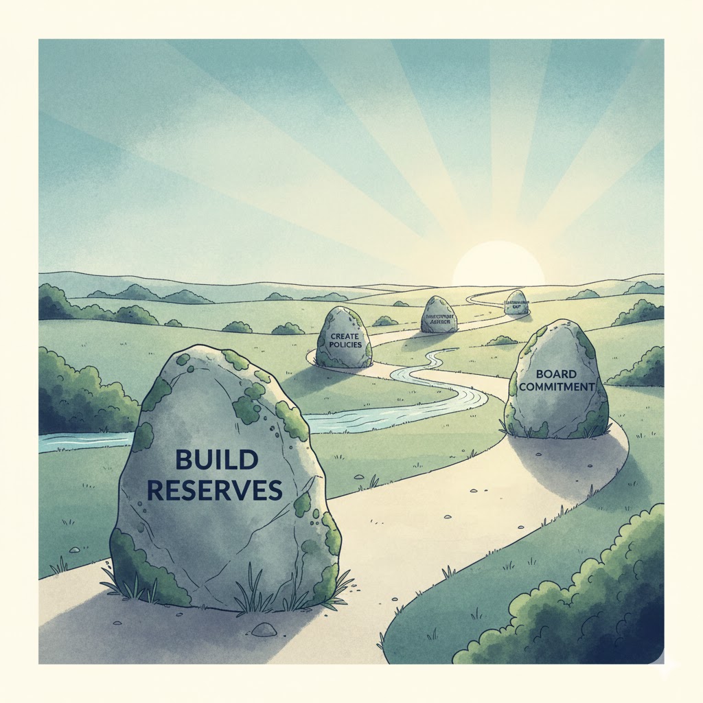 Path showing the journey to endowment success with milestones: Build Reserves, Create Policies, Board Commitment, Investment Advisor, Leadership Gift