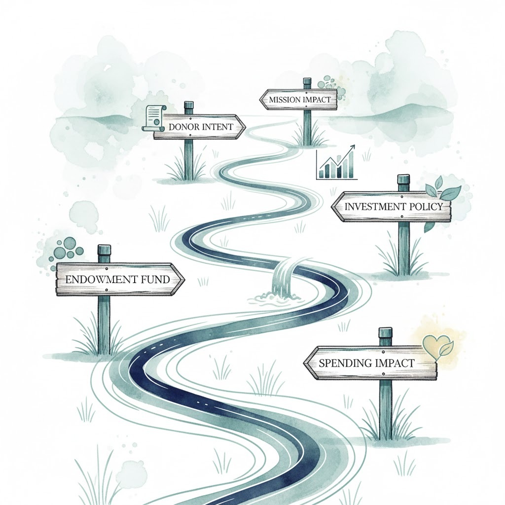 Roadmap showing UPMIFA governance considerations: Donor Intent, Mission Impact, Investment Policy, Spending Impact