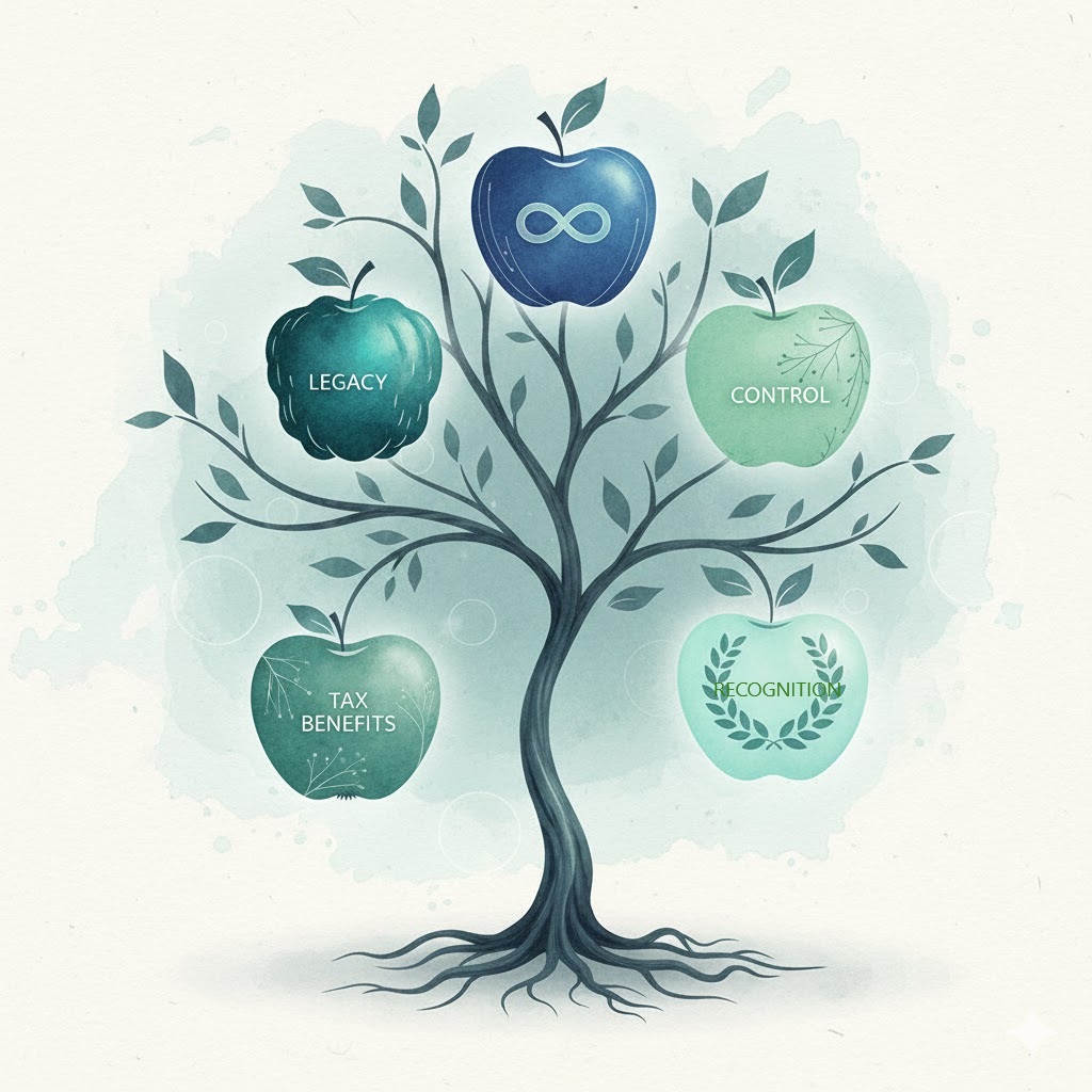 Tree with fruit representing donor motivations: Legacy (infinity symbol), Control, Tax Benefits, and Recognition