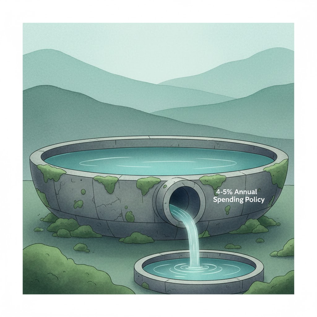 Endowment spending policy illustration showing 4-5% annual distribution from a larger pool