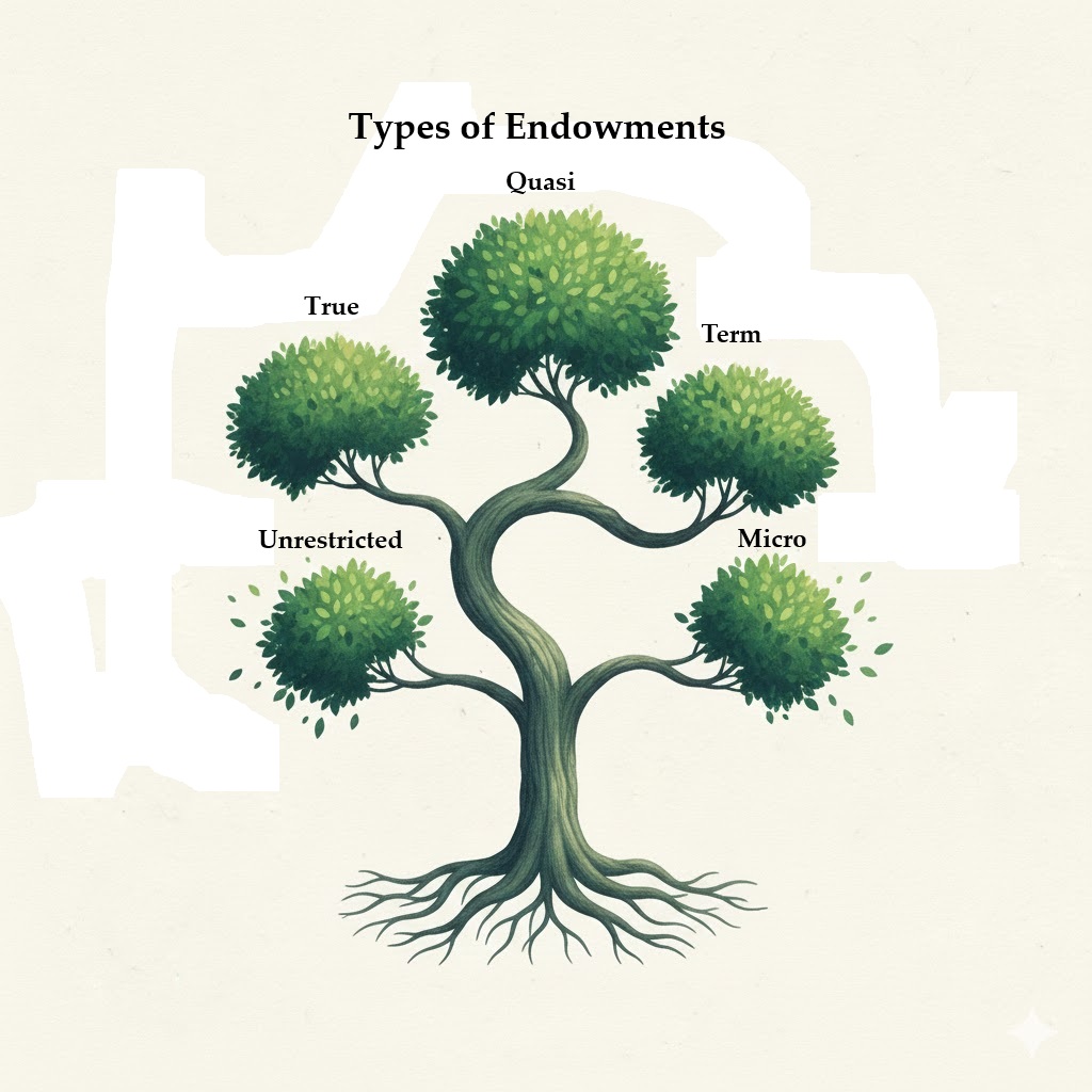 Five types of endowments illustrated as branches on a tree: Unrestricted, True, Term, Quasi, and Micro