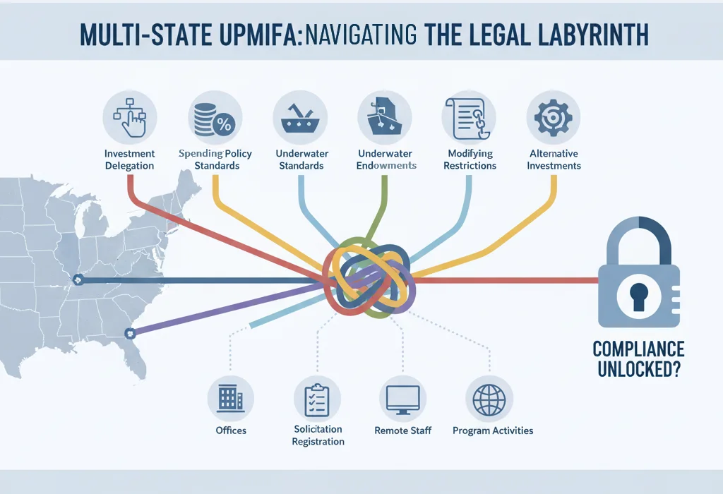 Multi-State UPMIFA: Navigating the Legal Labyrinth - showing six key variation areas and four nexus factors
