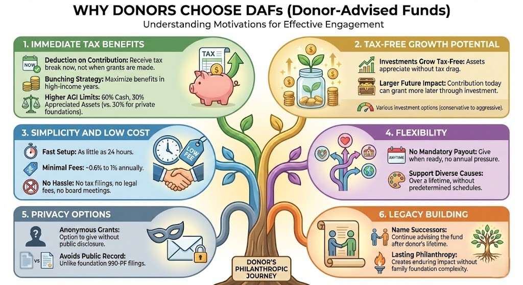 Why Donors Choose DAFs - Six key motivations including tax benefits, growth potential, simplicity, flexibility, privacy, and legacy building